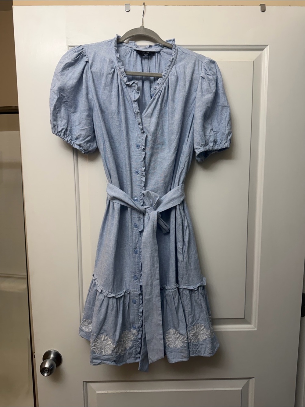 kate spade Light Blue Button-Front Puff Sleeve Mini Dress with Waist Tie